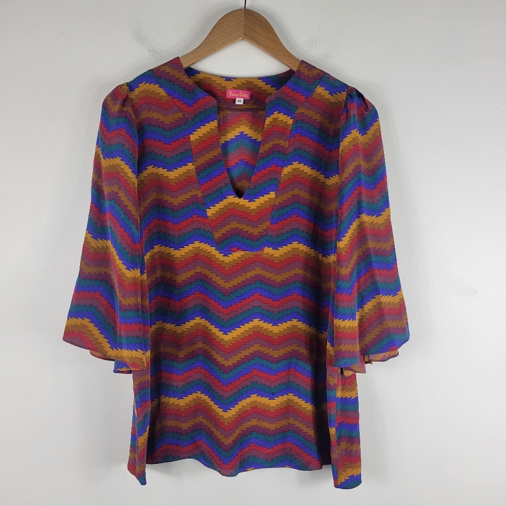 Bianca Coletti Silk Chevron Striped Flare Bell Sleeve Split Neck Blouse